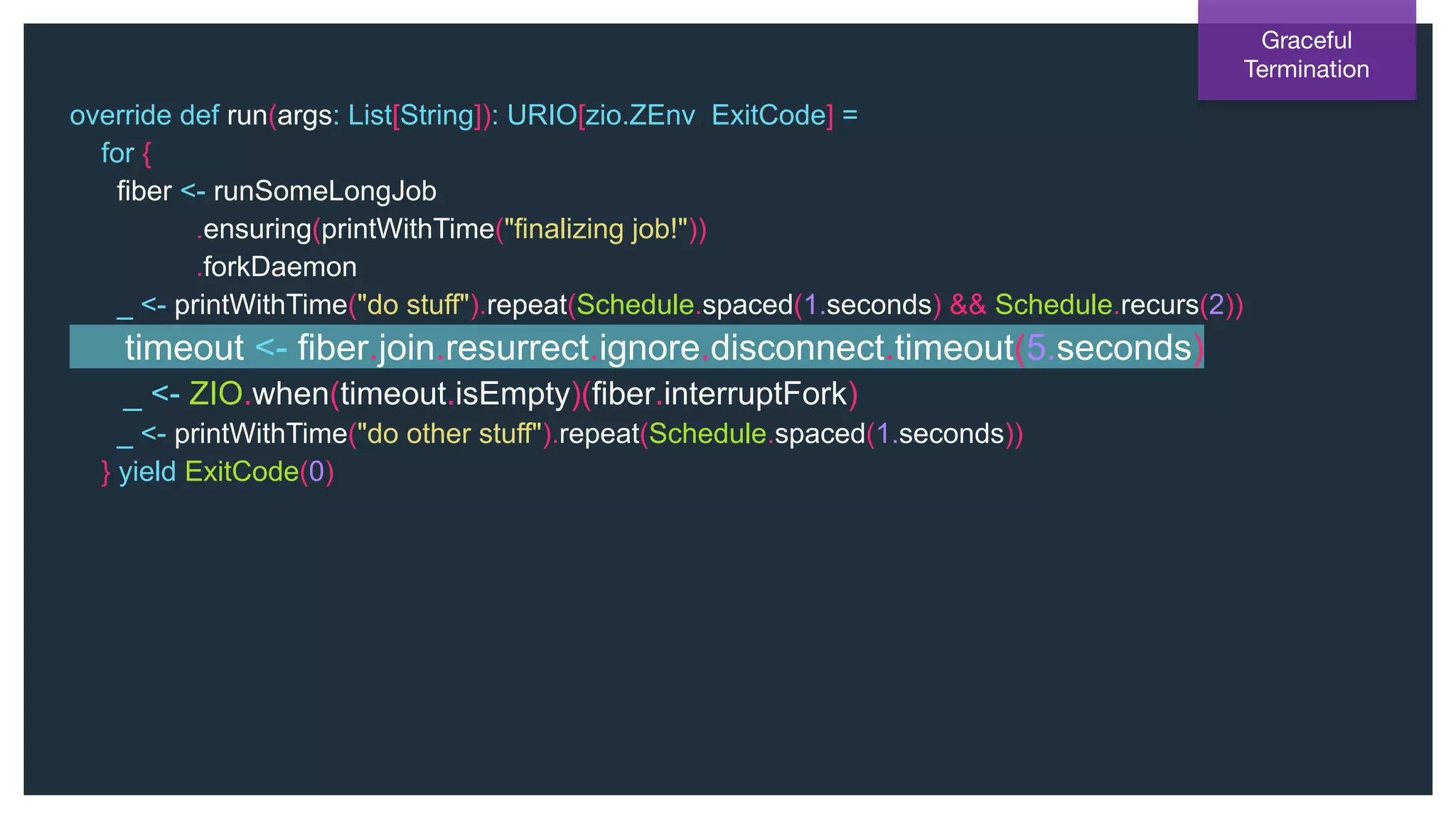 @NSilnitsky
override def run(args: List[String]): URIO[zio.ZEnv, ExitCode] =
for {
fiber <- runSomeLongJob
.ensuring(printWithTime("finalizing job!"))
.forkDaemon
_ <- printWithTime("do stuff").repeat(Schedule.spaced(1.seconds) && Schedule.recurs(2))
timeout <- fiber.join.resurrect.ignore.disconnect.timeout(5.seconds)
_ <- ZIO.when(timeout.isEmpty)(fiber.interruptFork)
_ <- printWithTime("do other stuff").repeat(Schedule.spaced(1.seconds))
} yield ExitCode(0)
Graceful
Termination
 