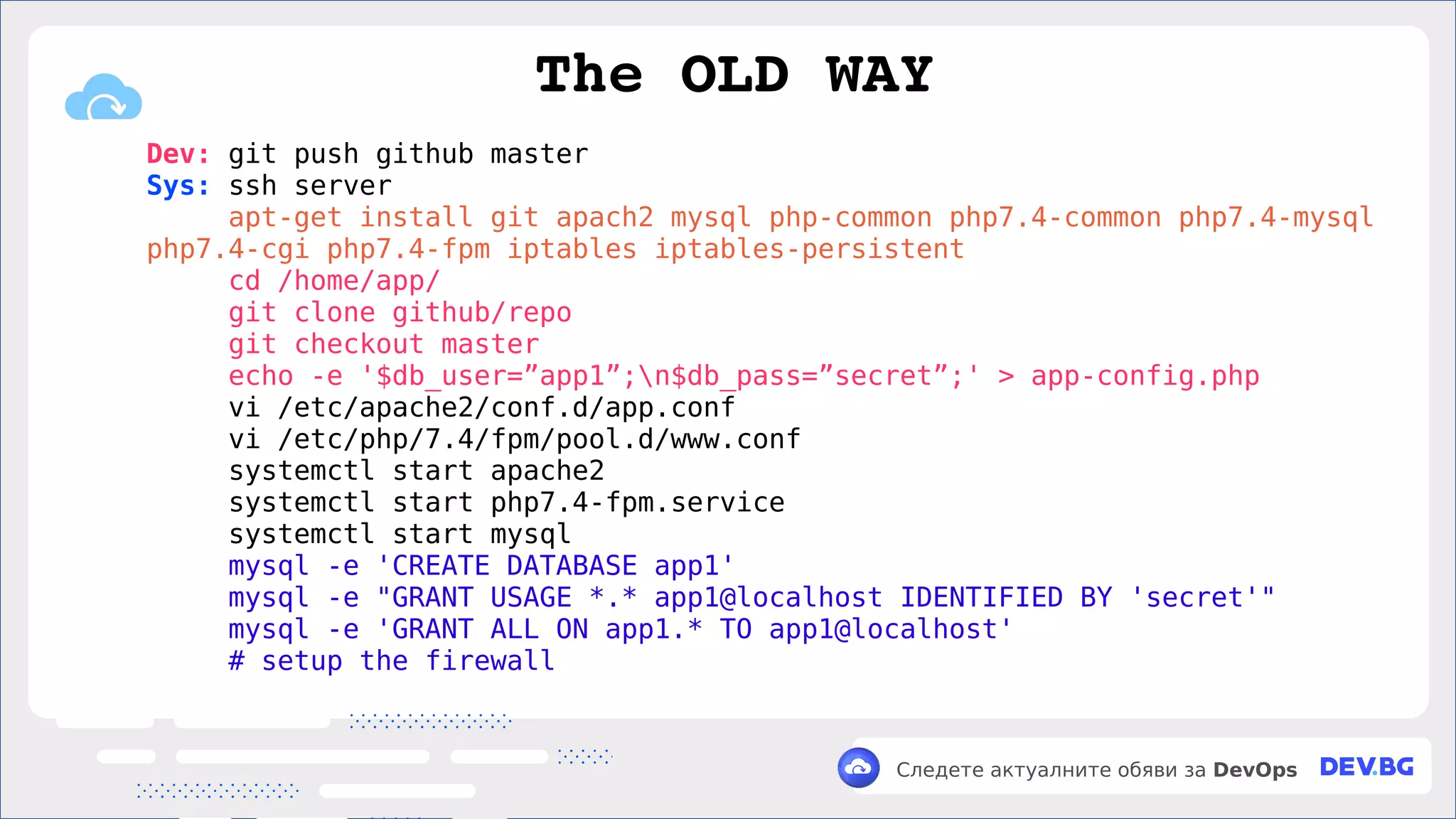 v
Следете актуалните обяви за DevOps
Dev: git push github master
Sys: ssh server
apt-get install git apach2 mysql php-common php7.4-common php7.4-mysql
php7.4-cgi php7.4-fpm iptables iptables-persistent
cd /home/app/
git clone github/repo
git checkout master
echo -e '$db_user=”app1”;n$db_pass=”secret”;' > app-config.php
vi /etc/apache2/conf.d/app.conf
vi /etc/php/7.4/fpm/pool.d/www.conf
systemctl start apache2
systemctl start php7.4-fpm.service
systemctl start mysql
mysql -e 'CREATE DATABASE app1'
mysql -e "GRANT USAGE *.* app1@localhost IDENTIFIED BY 'secret'"
mysql -e 'GRANT ALL ON app1.* TO app1@localhost'
# setup the firewall
The OLD WAY
 