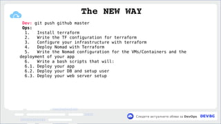 v
Следете актуалните обяви за DevOps
Dev: git push github master
Ops:
1. Install terraform
2. Write the TF configuration for terraform
3. Configure your infrastructure with terraform
4. Deploy Nomad with Terraform
5. Write the Nomad configuration for the VMs/Containers and the
deployment of your app
6. Write a bash scripts that will:
6.1. Deploy your app
6.2. Deploy your DB and setup user
6.3. Deploy your web server setup
The NEW WAY
 