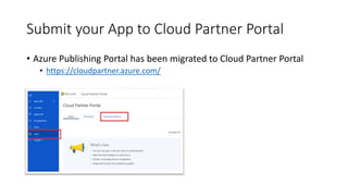 Submit your App to Cloud Partner Portal
• Azure Publishing Portal has been migrated to Cloud Partner Portal
• https://cloudpartner.azure.com/
 
