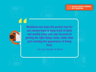 Weekdone has been the perfect tool for
our remote team to keep track of daily
and weekly plans and stay focused on
getting the right things done, rather than
just creating the appearance of being
busy.
- Jon Lay, Founder of Hanno
 