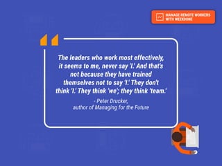 The leaders who work most effectively,
it seems to me, never say 'I.' And that's
not because they have trained
themselves not to say 'I.' They don't
think 'I.' They think 'we'; they think 'team.'
- Peter Drucker,
author of Managing for the Future
 