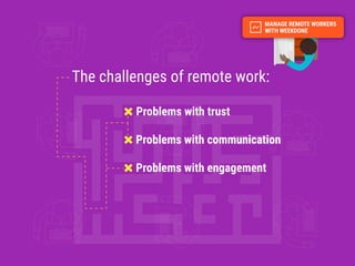 The challenges of remote work:
Problems with communication
Problems with engagement
Problems with trust
 