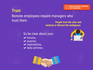 Trust
Remote employees require managers who
trust them. People trust the clear and
mistrust or distrust the ambiguous.
So ...