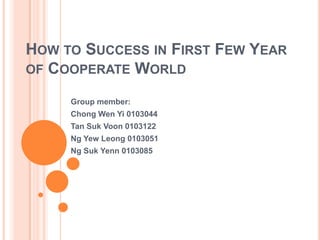 HOW TO SUCCESS IN FIRST FEW YEAR
OF COOPERATE WORLD

     Group member:
     Chong Wen Yi 0103044
     Tan Suk Voon 0103122
     Ng Yew Leong 0103051
     Ng Suk Yenn 0103085
 