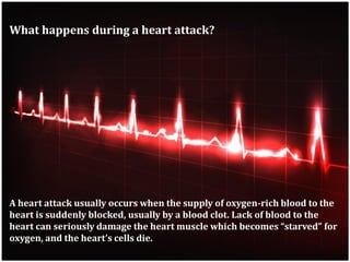 What happens during a heart attack?

A heart attack usually occurs when the supply of oxygen-rich blood to the
heart is su...