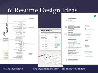 6: Resume Design Ideas
@LindsayKelleyS lindsayksaunders.com/ in/lindsayksaunders
 