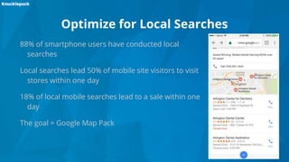 Optimize for Local Searches
88% of smartphone users have conducted local
searches
Local searches lead 50% of mobile site visitors to visit
stores within one day
18% of local mobile searches lead to a sale within one
day
The goal = Google Map Pack
 