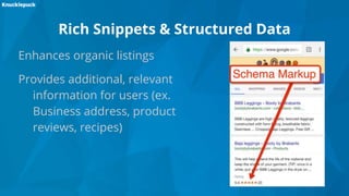 Rich Snippets & Structured Data
Enhances organic listings
Provides additional, relevant
information for users (ex.
Business address, product
reviews, recipes)
 