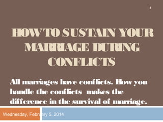 1

HOW TO SUSTAIN YOUR
MARRIAGE DURING
CONFLICTS
All marriages have conflicts. How you
handle the conflicts makes the
difference in the survival of marriage.
Wednesday, February 5, 2014

 