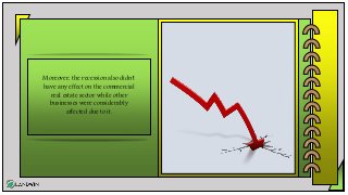 Moreover, the recession also didn't
have any effect on the commercial
real estate sector while other
businesses were considerably
affected due to it.
 