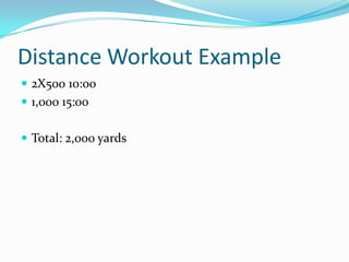 Distance Workout Example
 2X500 10:00
 1,000 15:00


 Total: 2,000 yards
 