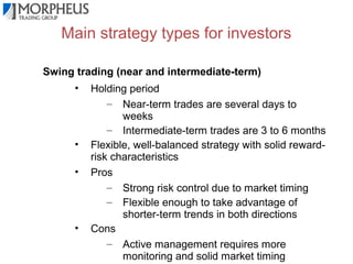Main strategy types for investors
Swing trading (near and intermediate-term)
•

•
•

•

Holding period
– Near-term trades are several days to
weeks
– Intermediate-term trades are 3 to 6 months
Flexible, well-balanced strategy with solid rewardrisk characteristics
Pros
– Strong risk control due to market timing
– Flexible enough to take advantage of
shorter-term trends in both directions
Cons
– Active management requires more
monitoring and solid market timing

 