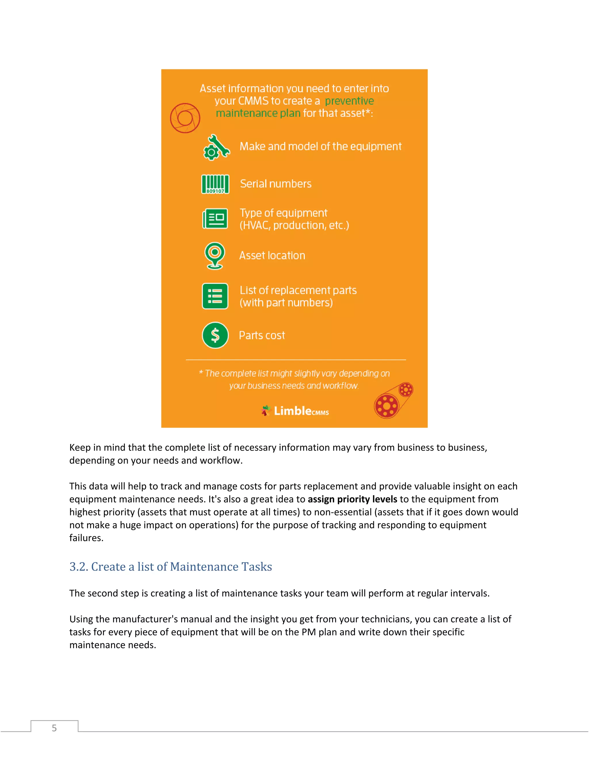 5
Keep in mind that the complete list of necessary information may vary from business to business,
depending on your needs and workflow.
This data will help to track and manage costs for parts replacement and provide valuable insight on each
equipment maintenance needs. It's also a great idea to assign priority levels to the equipment from
highest priority (assets that must operate at all times) to non-essential (assets that if it goes down would
not make a huge impact on operations) for the purpose of tracking and responding to equipment
failures.
3.2. Create a list of Maintenance Tasks
The second step is creating a list of maintenance tasks your team will perform at regular intervals.
Using the manufacturer's manual and the insight you get from your technicians, you can create a list of
tasks for every piece of equipment that will be on the PM plan and write down their specific
maintenance needs.
 