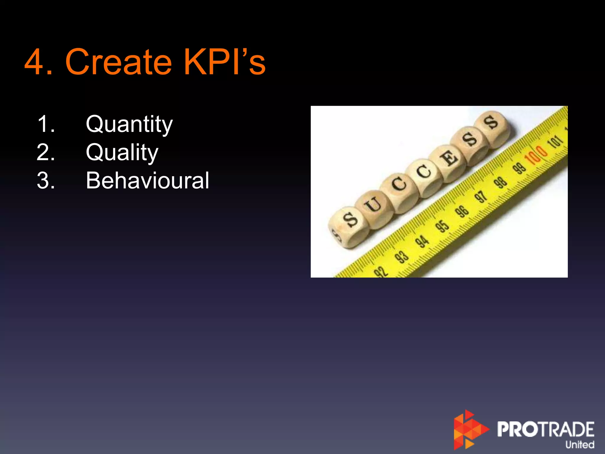 4. Create KPI’s
1. Quantity
2. Quality
3. Behavioural
 