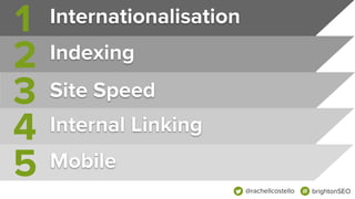 1
2
3
4
5 Mobile
Internal Linking
Site Speed
Indexing
Internationalisation
@rachellcostello brightonSEO
 