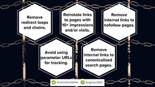 Remove
redirect loops
and chains.
Reinstate links
to pages with
10+ impressions
and/or visits.
Remove
internal links to
nofollow pages.
Avoid using
parameter URLs
for tracking.
Remove
internal links to
canonicalised
search pages.
@rachellcostello brightonSEO
 