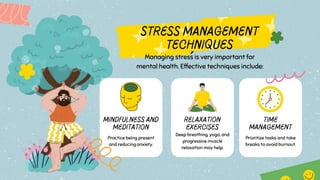Practice being present
and reducing anxiety.
Stress Management
Techniques
Managing stress is very important for
mental health. Effective techniques include:
Mindfulness and
Meditation
Relaxation
Exercises
Deep breathing, yoga, and
progressive muscle
relaxation may help.
Time
Management
Prioritize tasks and take
breaks to avoid burnout.
 