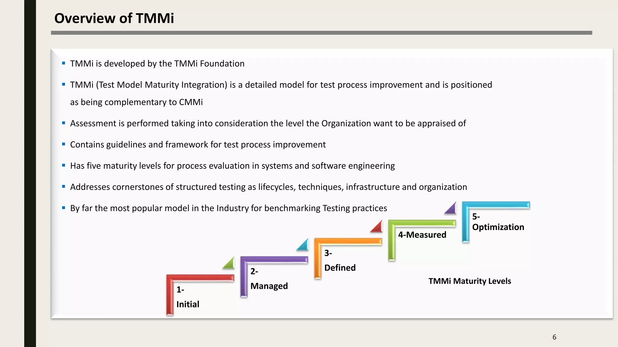 6
 TMMi is developed by the TMMi Foundation
 TMMi (Test Model Maturity Integration) is a detailed model for test process improvement and is positioned
as being complementary to CMMi
 Assessment is performed taking into consideration the level the Organization want to be appraised of
 Contains guidelines and framework for test process improvement
 Has five maturity levels for process evaluation in systems and software engineering
 Addresses cornerstones of structured testing as lifecycles, techniques, infrastructure and organization
 By far the most popular model in the Industry for benchmarking Testing practices
TMMi Maturity Levels
Overview of TMMi
1-
Initial
2-
Managed
3-
Defined
4-Measured
5-
Optimization
 