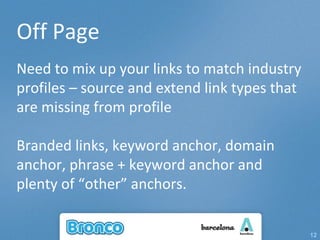 Off Page Need to mix up your links to match industry profiles – source and extend link types that are missing from profile Branded links, keyword anchor, domain anchor, phrase + keyword anchor and plenty of “other” anchors. 