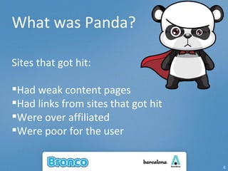 What was Panda? Sites that got hit: Had weak content pages Had links from sites that got hit Were over affiliated Were poor for the user 