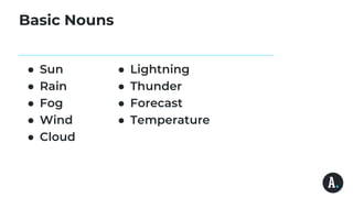 Basic Nouns
● Sun
● Rain
● Fog
● Wind
● Cloud
● Lightning
● Thunder
● Forecast
● Temperature
 