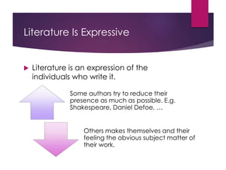 Literature Is Expressive
 Literature is an expression of the
individuals who write it.
Some authors try to reduce their
presence as much as possible. E.g.
Shakespeare, Daniel Defoe, …
Others makes themselves and their
feeling the obvious subject matter of
their work.
 