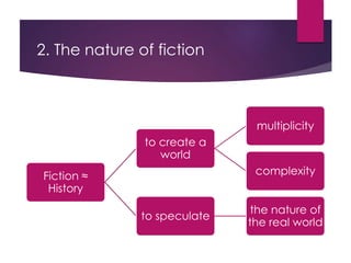 2. The nature of fiction
Fiction ≈
History
to create a
world
multiplicity
complexity
to speculate
the nature of
the real world
 
