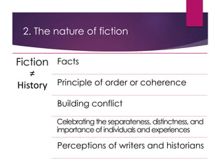 2. The nature of fiction
Fiction
≠
History
Facts
Principle of order or coherence
Building conflict
Celebrating the separateness, distinctness, and
importance of individualsand experiences
Perceptions of writers and historians
 