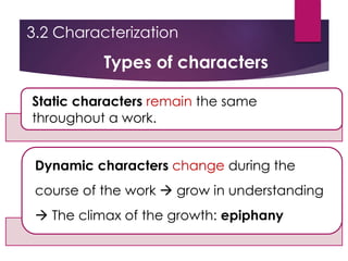 Static characters remain the same
throughout a work.
Dynamic characters change during the
course of the work  grow in understanding
 The climax of the growth: epiphany
3.2 Characterization
Types of characters
 