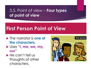 3.5. Point of view – Four types
of point of view
 The narrator is one of
the characters.
 Uses “I, me, we, my,
our”
 He can’t tell us
thoughts of other
characters.
First Person Point of View
 