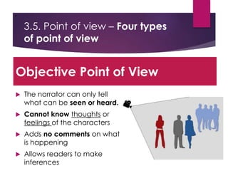 3.5. Point of view – Four types
of point of view
 The narrator can only tell
what can be seen or heard.
 Cannot know thoughts or
feelings of the characters
 Adds no comments on what
is happening
 Allows readers to make
inferences
Objective Point of View
 