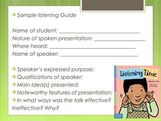  Sample   listening Guide

Name of student: ______________________________
Nature of spoken presentation: ___________________
Where heard: ________________________________
Name of speaker: _____________________________

 Speaker’s  expressed purpose:
 Qualifications of speaker:
 Main Idea(s) presented:
 Noteworthy features of presentation:
 In what ways was the talk effective?

Ineffective? Why?
 