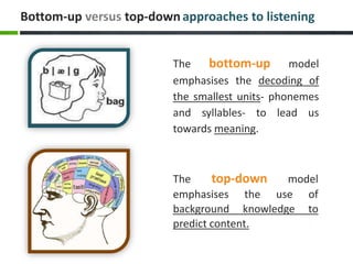 Bottom-up versus top-down approaches to listening


                         The   bottom-up model
                         emphasises the decoding of
                         the smallest units- phonemes
                         and syllables- to lead us
                         towards meaning.



                         The     top-down   model
                         emphasises the use of
                         background knowledge to
                         predict content.
 