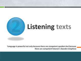 Listening texts

‘Language is powerful not only because there are competent speakers but because
                                 there are competent listeners’ (Sweden Graphics)
 