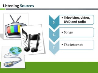 Listening Sources

                         • Television, video,
                    5.     DVD and radio

                         • Songs
                    6.

                         • The Internet
                    7.
 