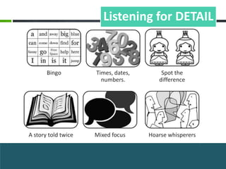 Listening for DETAIL



       Bingo         Times, dates,       Spot the
                       numbers.         difference




A story told twice   Mixed focus     Hoarse whisperers
 