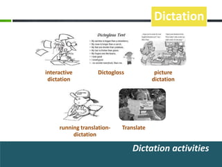 Dictation



interactive         Dictogloss            picture
 dictation                               dictation




     running translation-    Translate
          dictation

                                 Dictation activities
 