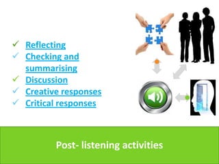  Reflecting
 Checking and
  summarising
 Discussion
 Creative responses
 Critical responses



         Post- listening activities
 