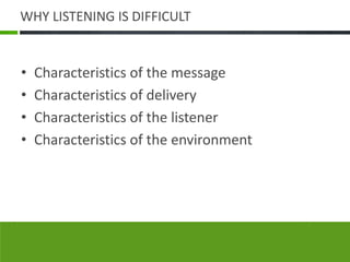 WHY LISTENING IS DIFFICULT


•   Characteristics of the message
•   Characteristics of delivery
•   Characteristics of the listener
•   Characteristics of the environment
 