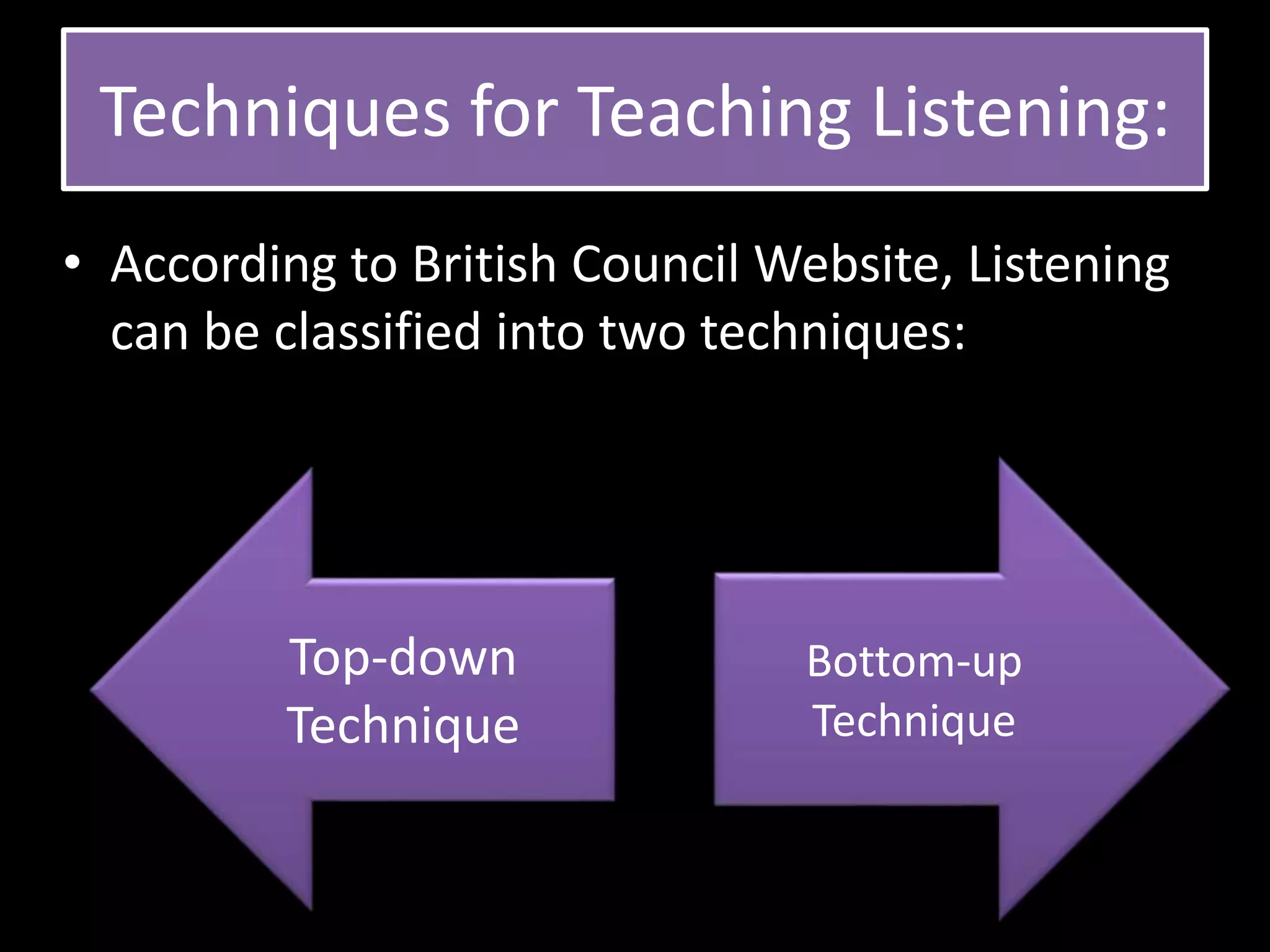 Techniques for Teaching Listening:
• According to British Council Website, Listening
can be classified into two techniques:
Top-down
Technique
Bottom-up
Technique
 