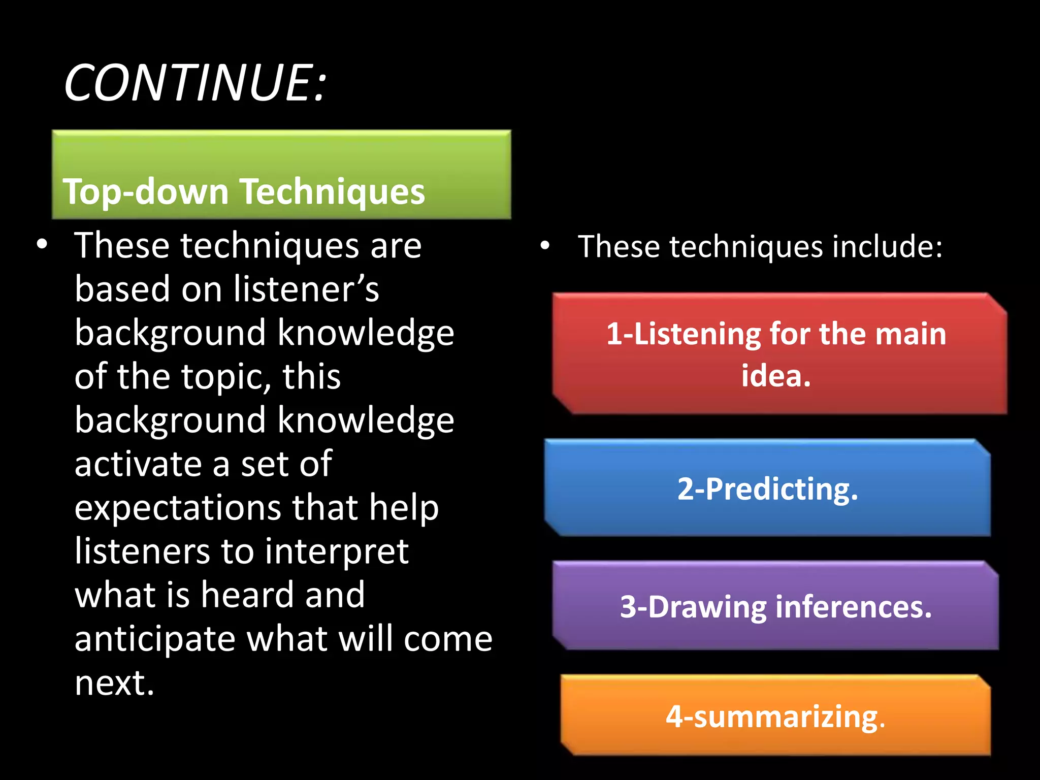 CONTINUE:
Top-down Techniques
• These techniques are
based on listener’s
background knowledge
of the topic, this
background knowledge
activate a set of
expectations that help
listeners to interpret
what is heard and
anticipate what will come
next.
• These techniques include:
1-Listening for the main
idea.
2-Predicting.
3-Drawing inferences.
4-summarizing.
 