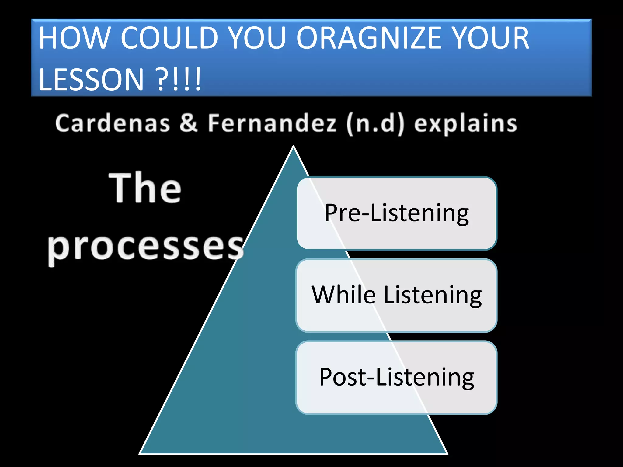 HOW COULD YOU ORAGNIZE YOUR
LESSON ?!!!
Pre-Listening
While Listening
Post-Listening
 