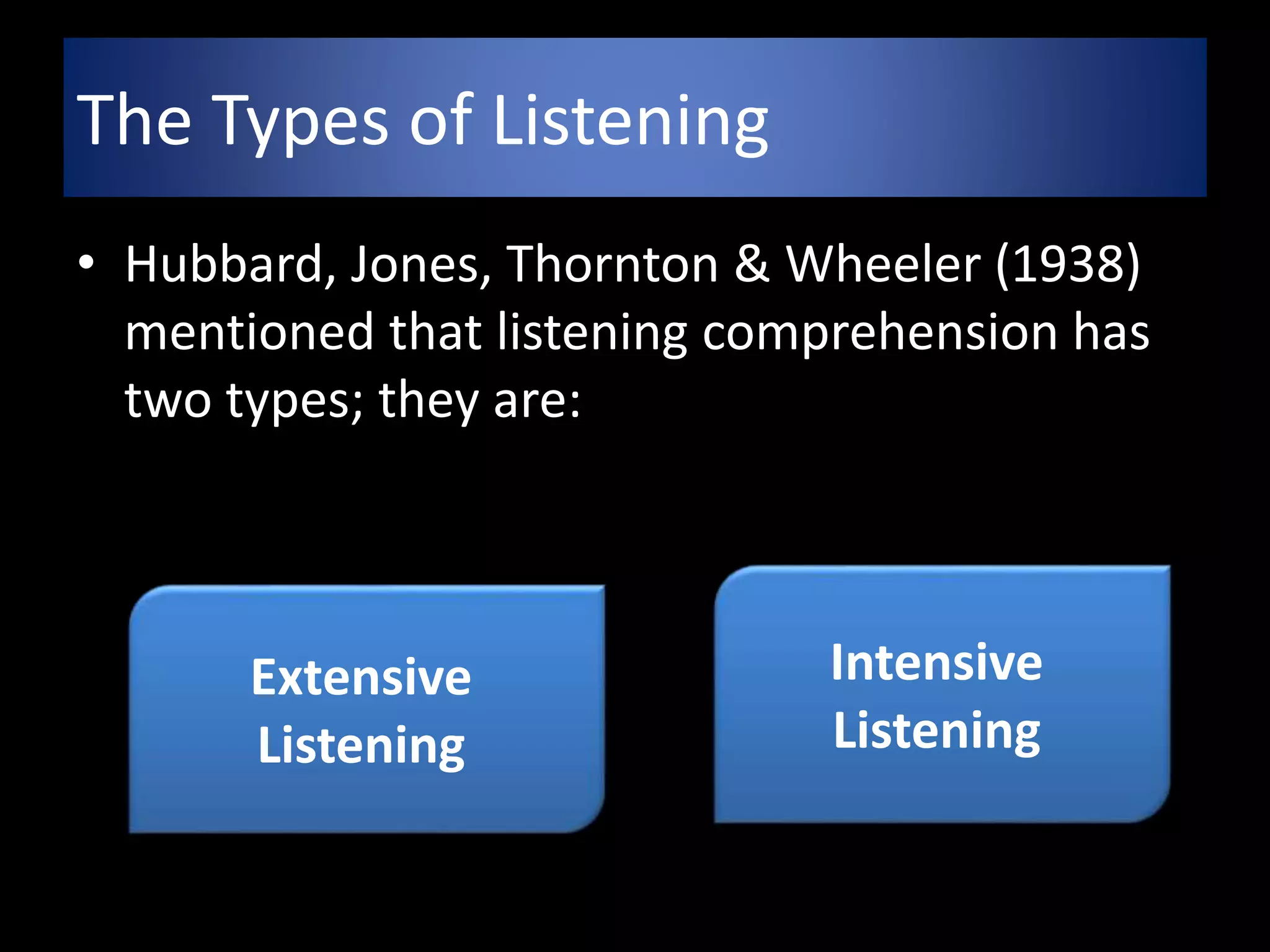 The Types of Listening
• Hubbard, Jones, Thornton & Wheeler (1938)
mentioned that listening comprehension has
two types; they are:
Intensive
Listening
Extensive
Listening
 