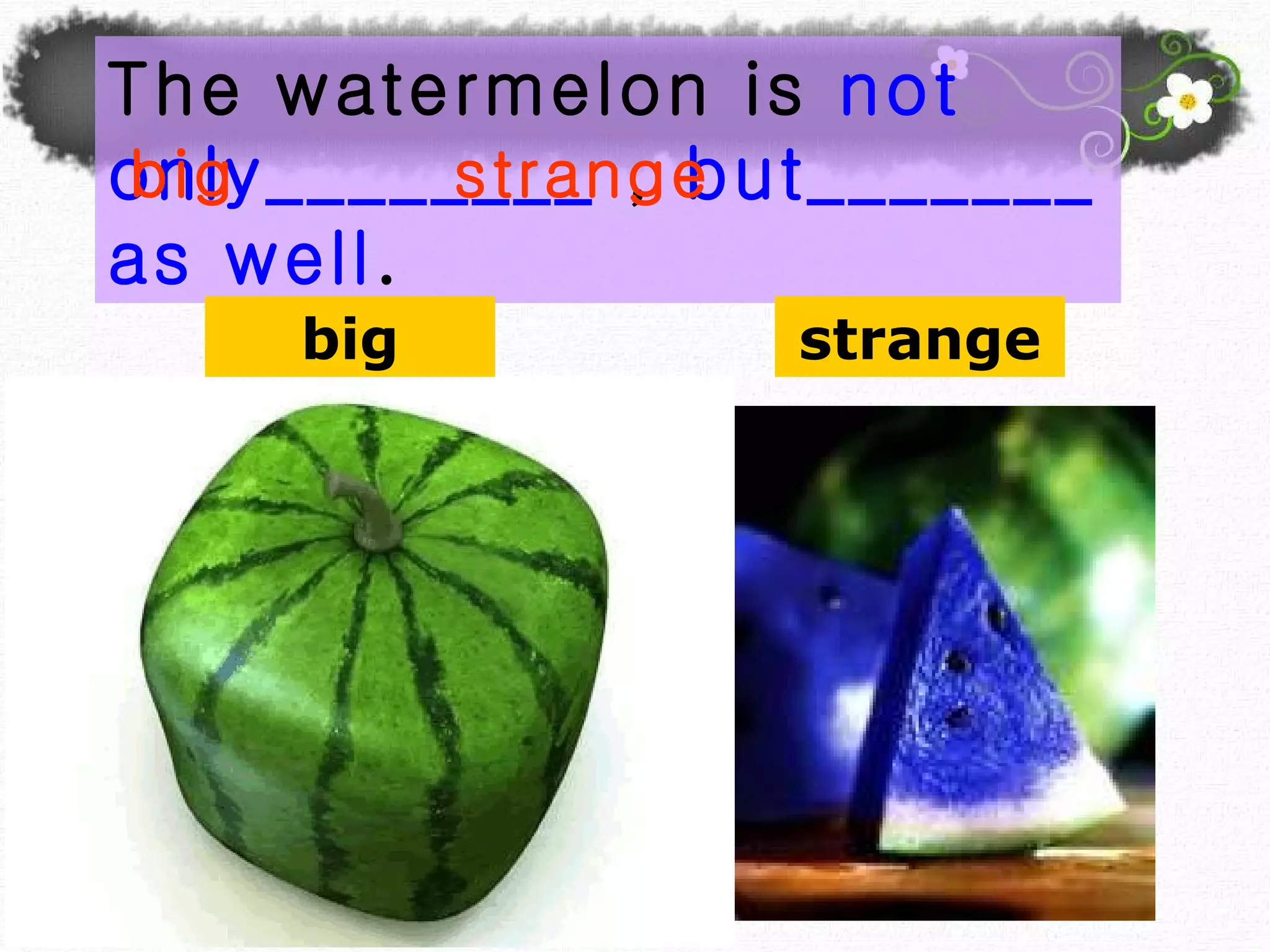 The watermelon is  not only________  ,  but_______   as well . big strange big strange 