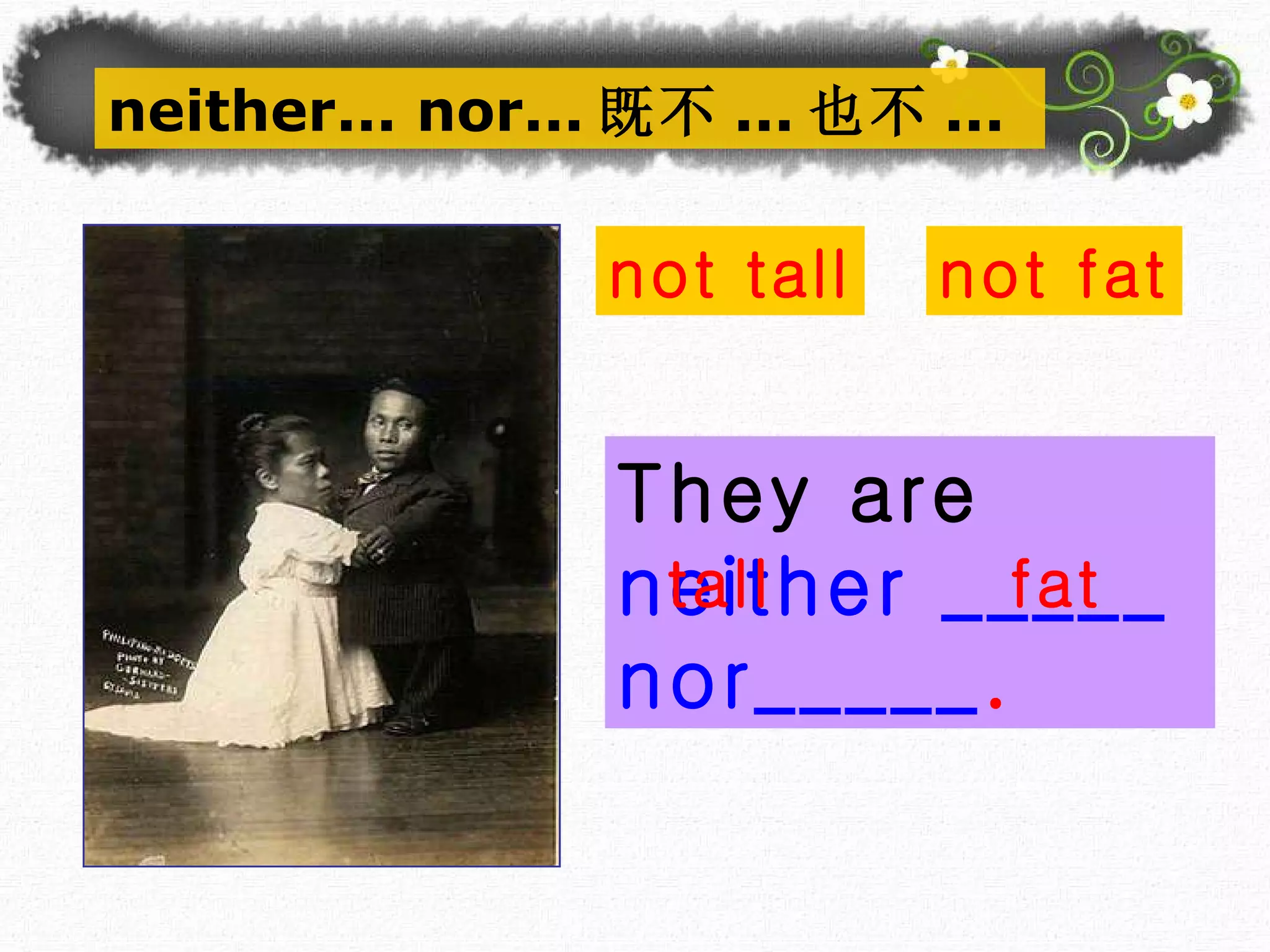 They are  neither _____ nor_____ . tall fat neither... nor... 既不 ... 也不 ... not tall not fat 
