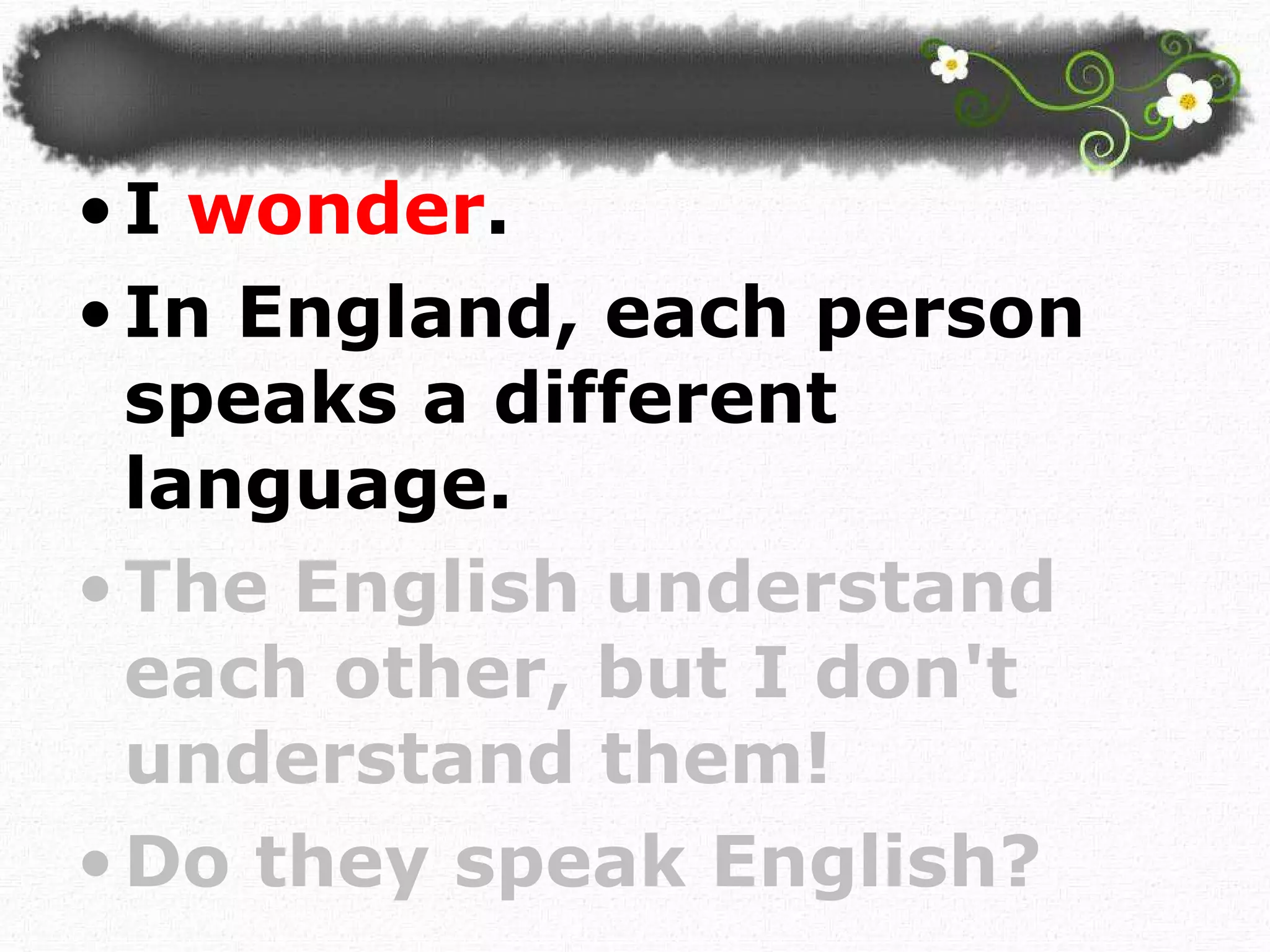 I  wonder .  In England, each person speaks a different language.  The English understand each other, but I don't understand them!  Do they speak English? 