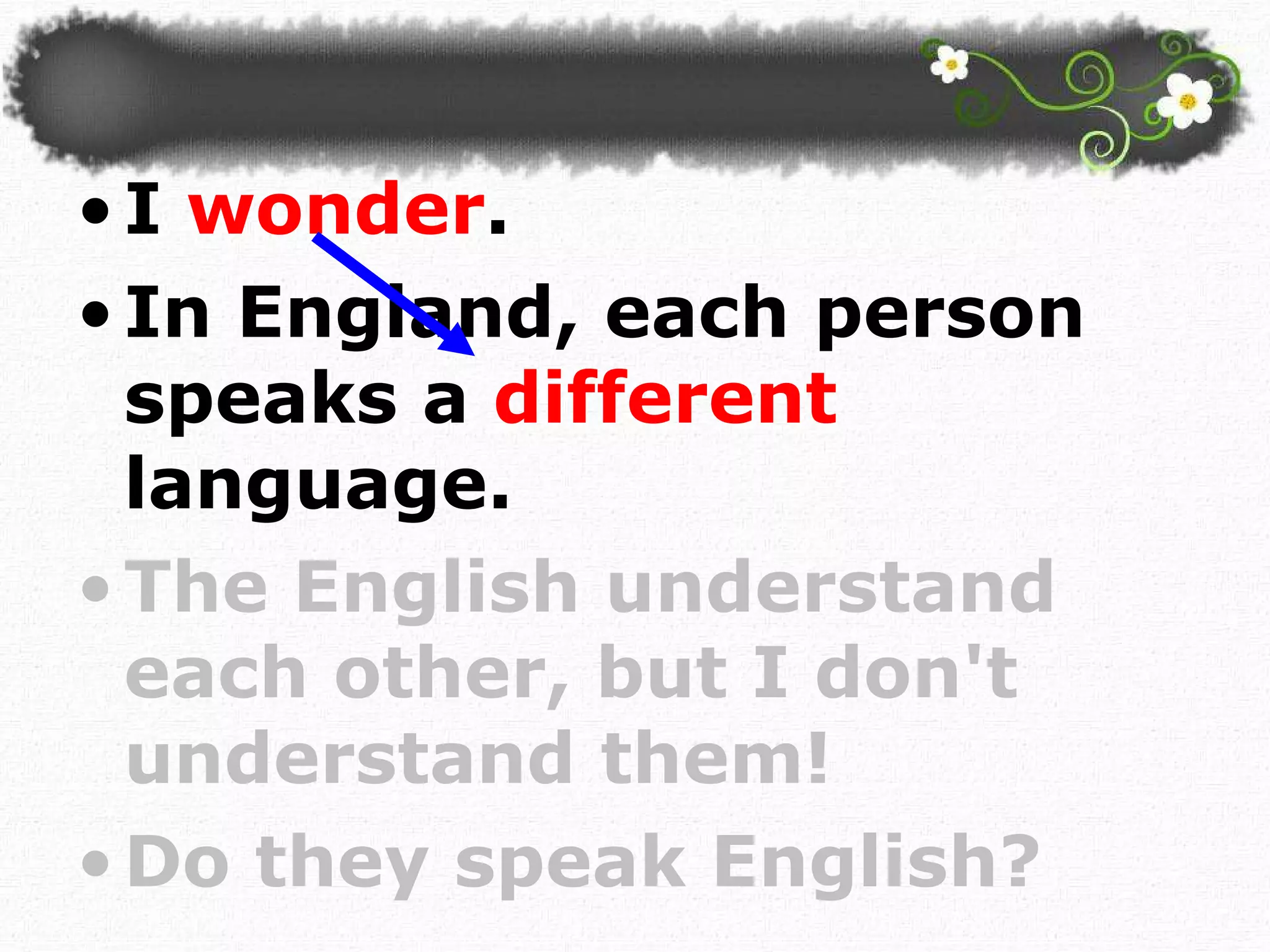 I  wonder .  In England, each person speaks a  different  language.  The English understand each other, but I don't understand them!  Do they speak English? 
