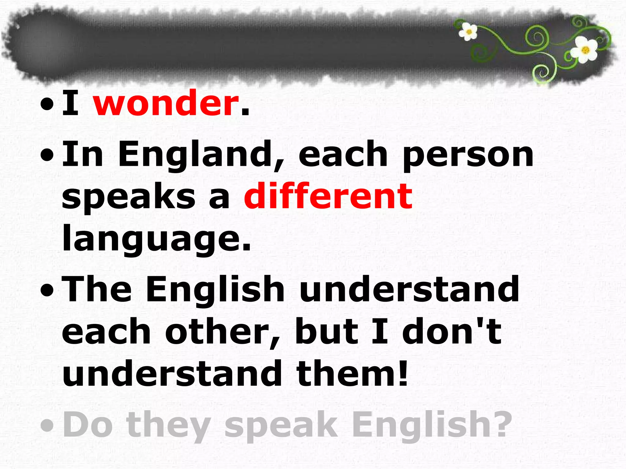 I  wonder .  In England, each person speaks a  different  language.  The English understand each other, but I don't understand them!  Do they speak English? 
