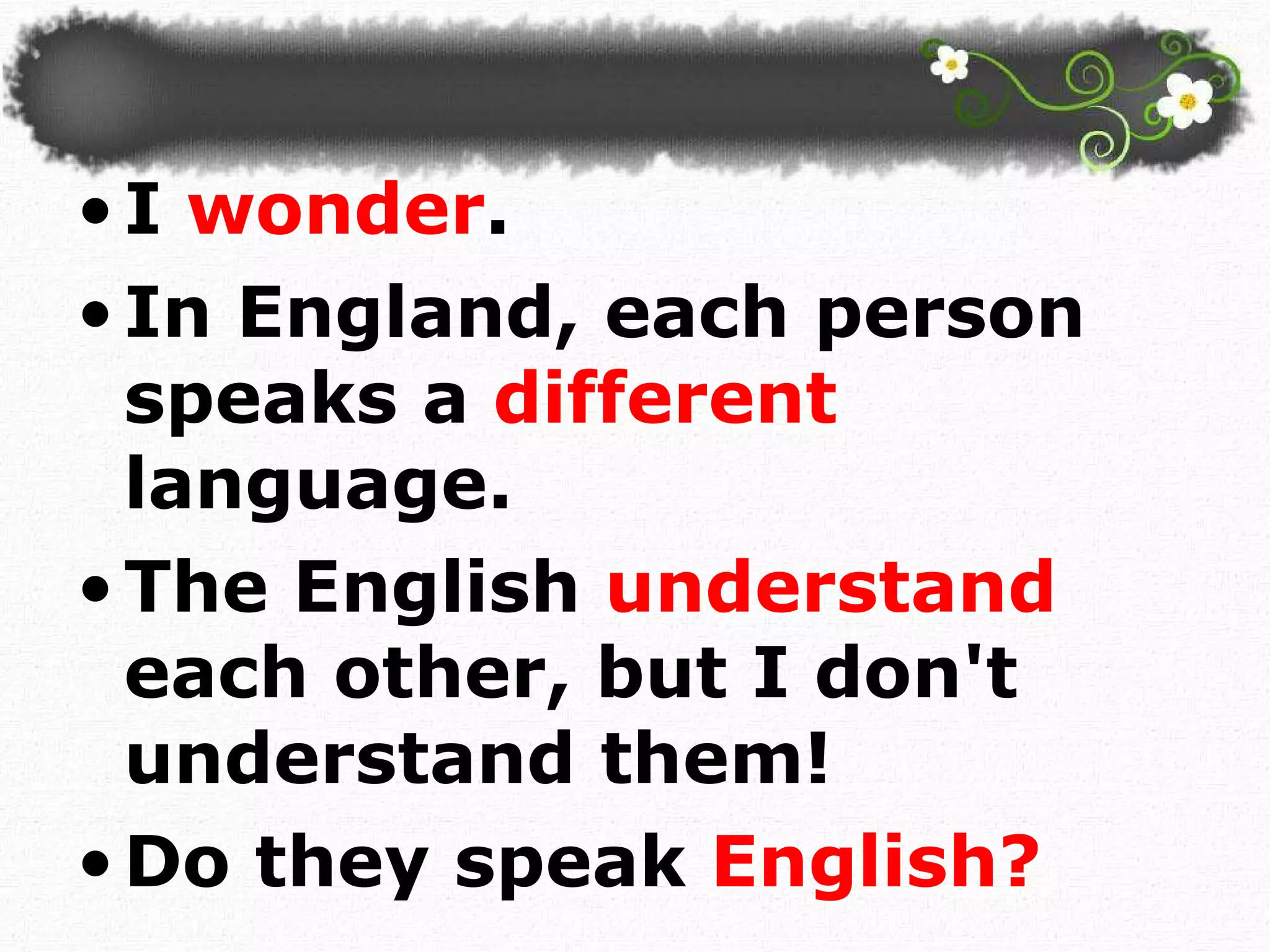 I  wonder .  In England, each person speaks a  different  language.  The English  understand  each other, but I don't understand them!  Do they speak  English? 